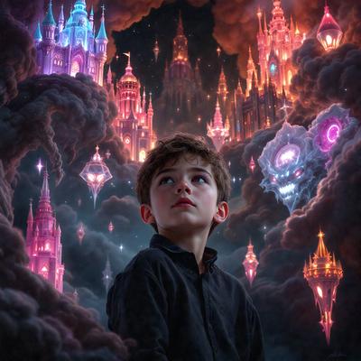 The primary subject of the image is a young boy standing in front of a backdrop of colorful castles and a cloudy sky. The setting appears to be a fantasy world, with the boy being the focal point of the scene. The visual style of the image is a digital art or illustration, with the boy being the main subject and the colorful castles and cloudy sky creating a vibrant and imaginative atmosphere.